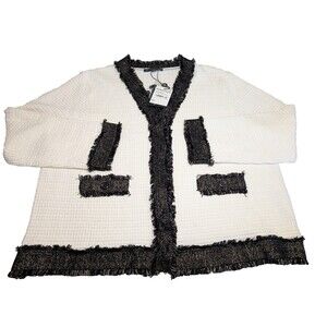 Adrianna Papell Fringe Jacket L NWT Ivory Black Gold Embellished Boho Chic